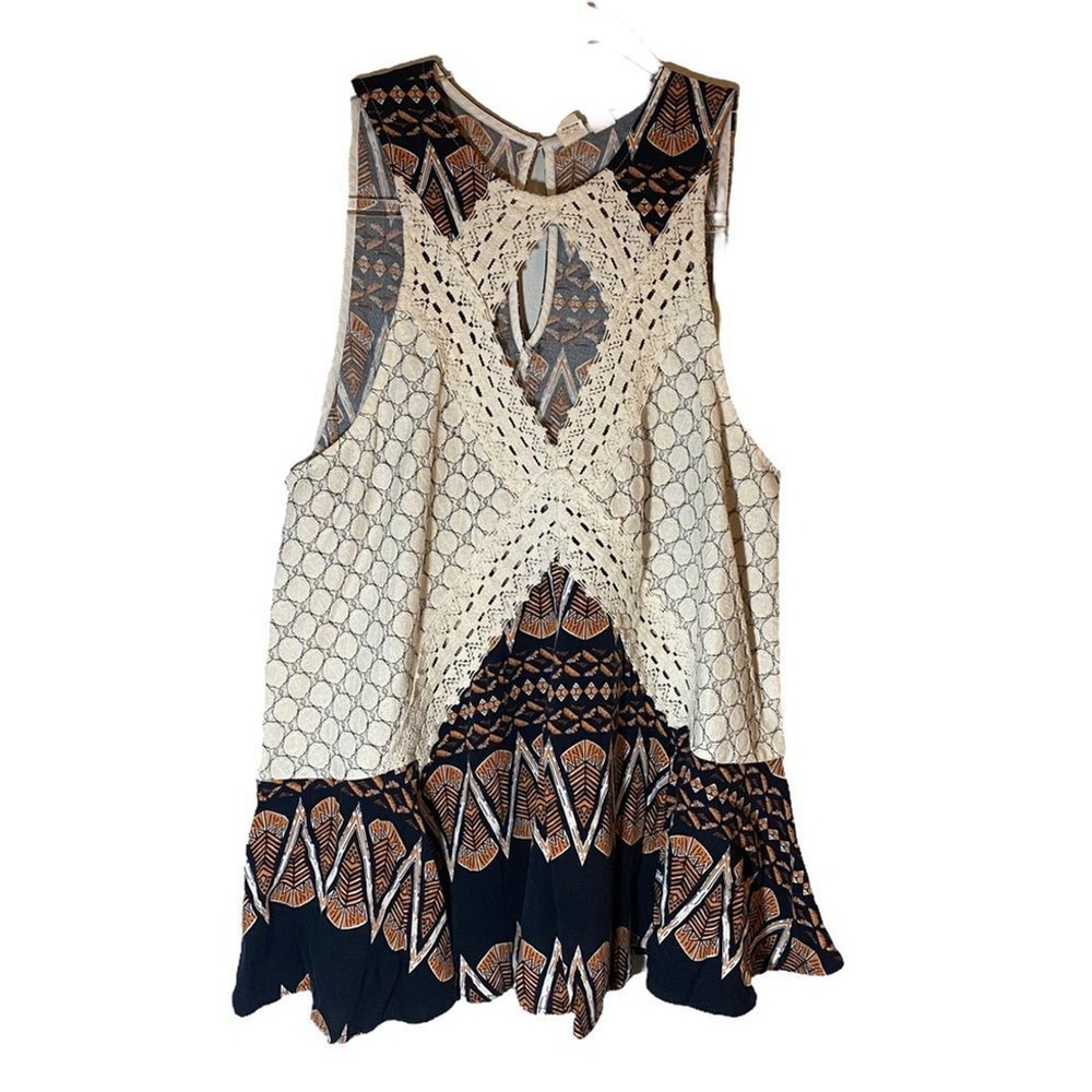 Melrose & Market boho peplum tank w/tribal print, crochet details & chest cutout